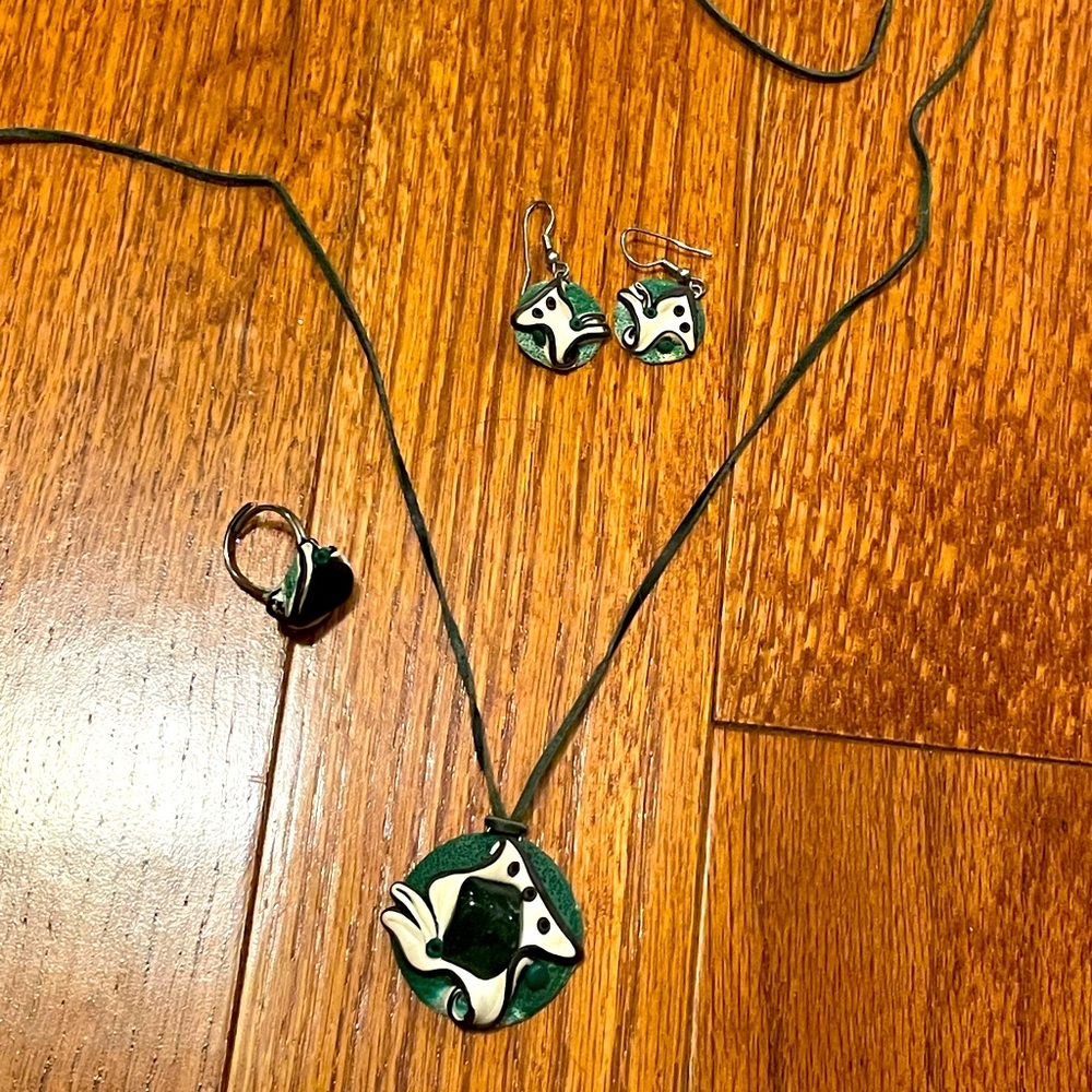 Unique Spanish green necklace, earring and ring set